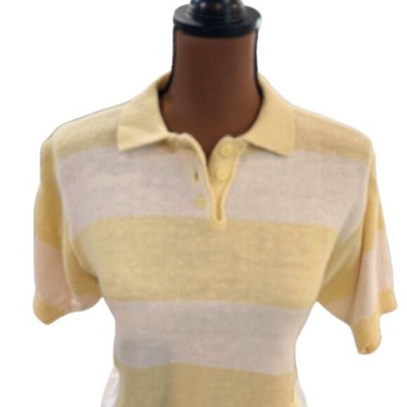 VINTAGE 80’s Kids Classics Collared Short Sleeve Yellow & White Striped Knit Tee - Picture 2 of 8